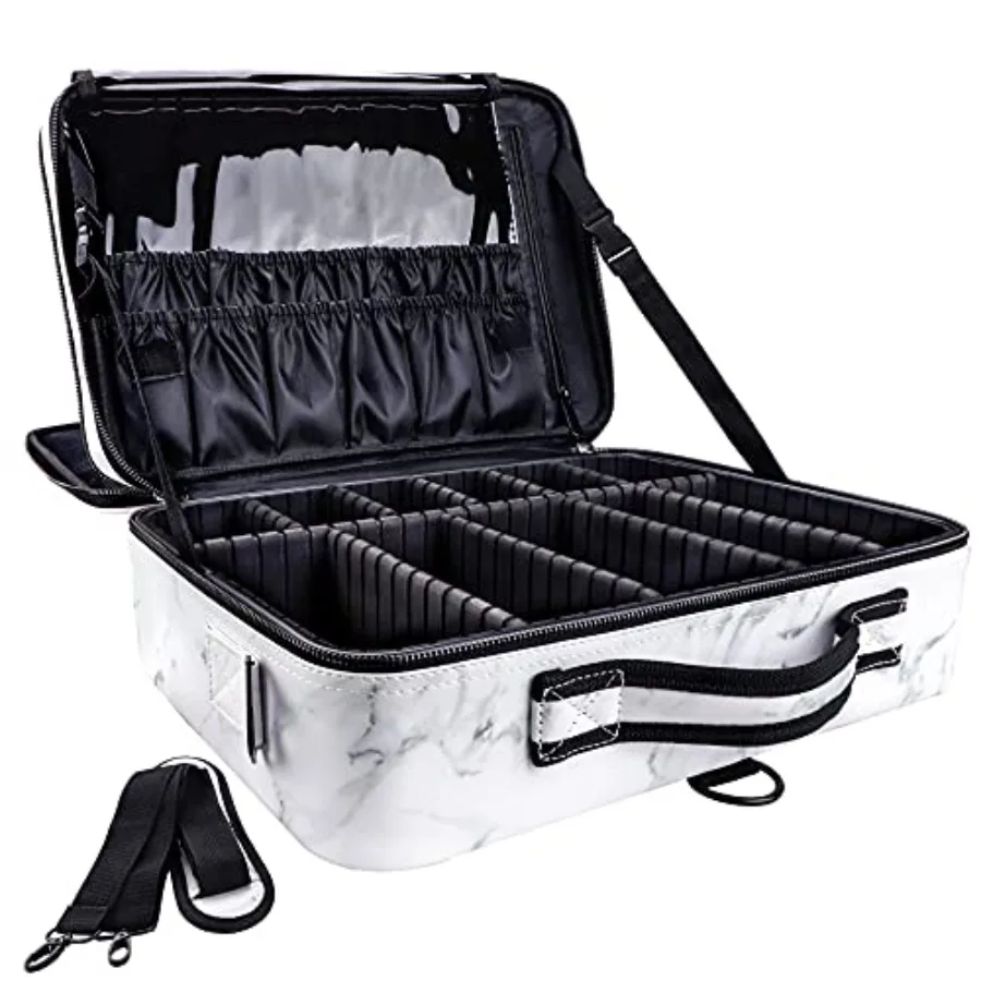 

Capacity Travel Makeup Case Organizer, Professional Cosmetic Bags for Women, Waterproof PU Leather Makeup Bag with Adjustable D
