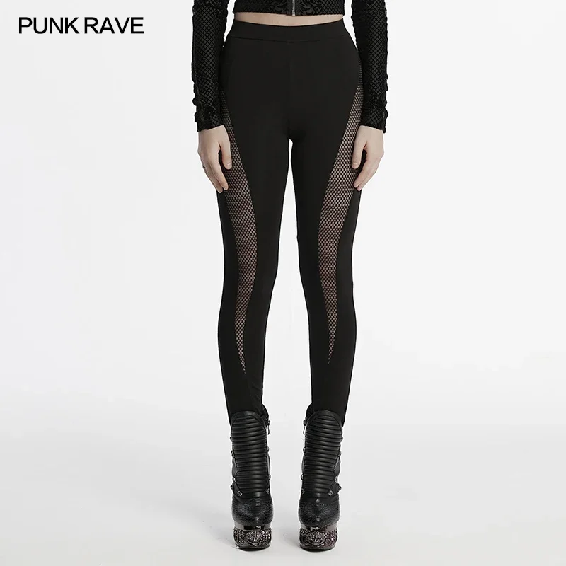 

PUNK RAVE Women's Punk Minimalist Elastic Knitted & Honeycomb Mesh Leggings Daily Simple Style Black Trousers