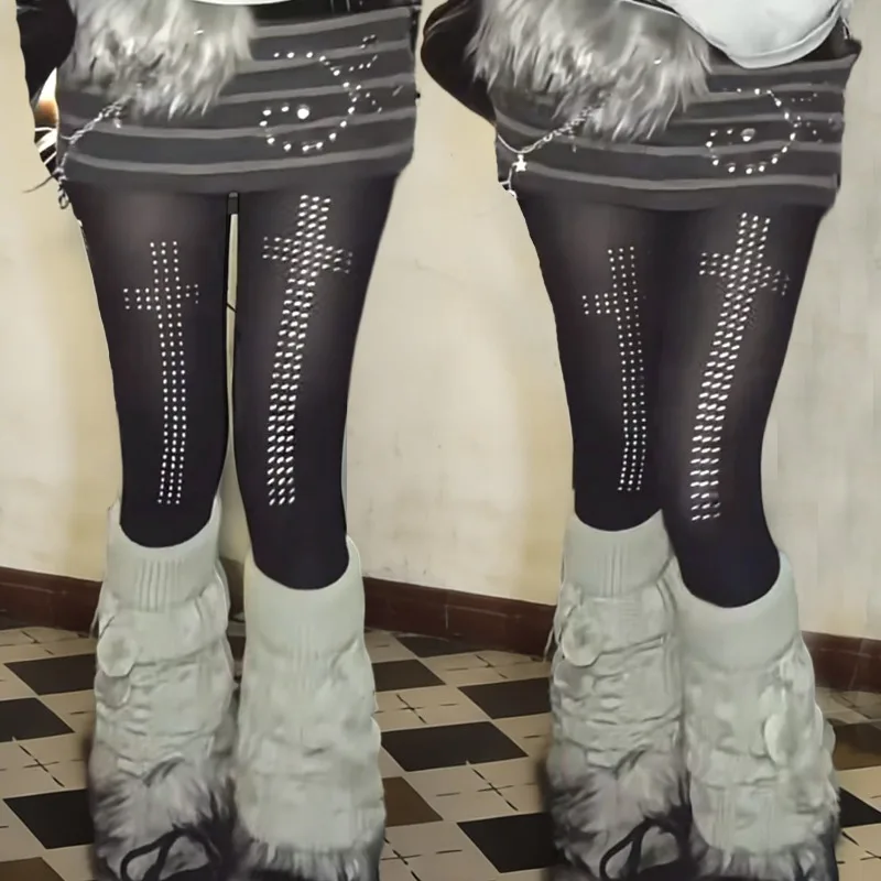 

Spicy Girls Cross Rhinestone Pantyhose Women Hip-hop Y2K Style Cosplay Tights Stocking Vintage 2000s Subculture Stretch Leggings