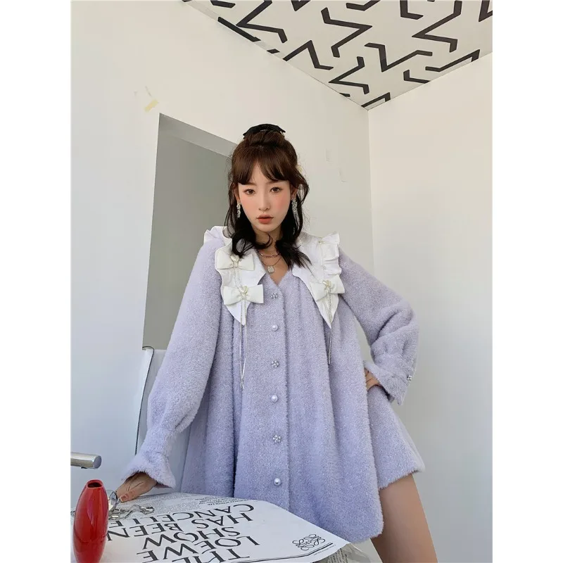 SuperAen Korean Style Sweet Spliced Peter Pan Collar A-line Coats Women 2025 Winter New Fashion Design Purple Long-sleeved Coats