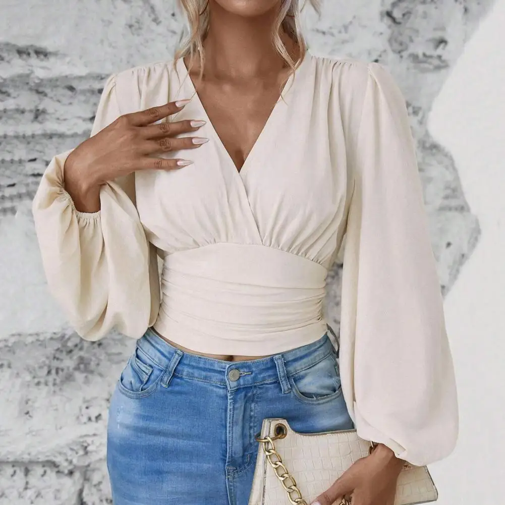 

Lantern Long Sleeve Blouse Versatile Loose Fit Women Shirt Elegant V-neck Lantern Sleeve Women's Office Shirt with for Daily