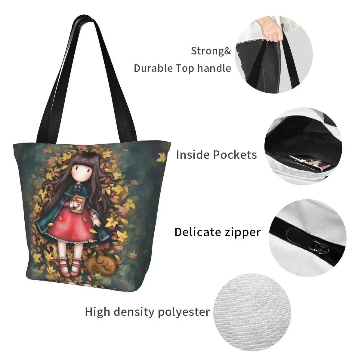 Autumn Leaves Santoro Gorjuss Grocery Shopping Bags Canvas Shopper Tote Shoulder Bag Big Capacity Portable Anime Girl Handbag