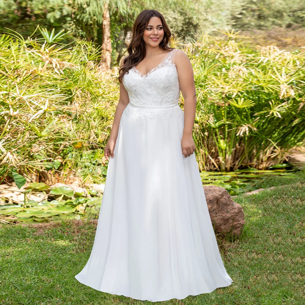 Robe de mariée sexy en mousseline de soie, grande taille, col en fibre de V, ligne A, pour les patients, robes de mariée de plage, été