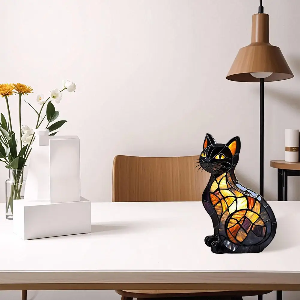 Lámpara de gato bonita, vitral retro led de resina teñida, luz nocturna de mesa, luces de ambiente para dormitorio, regalo para amantes de los perros y gatos