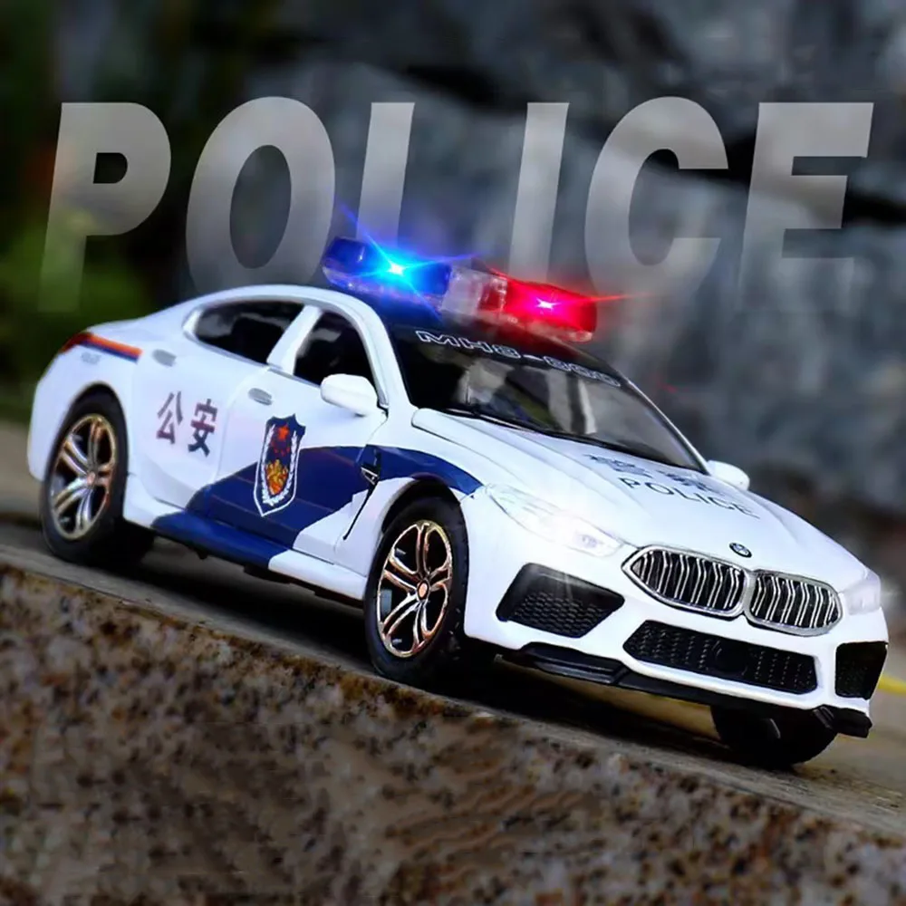 

1:32 M8 MH8-800 Toys Models Police Cars with Light Sound Rubber Tires Vehicles Pull Back Miniature Car for Child Festival Gifts