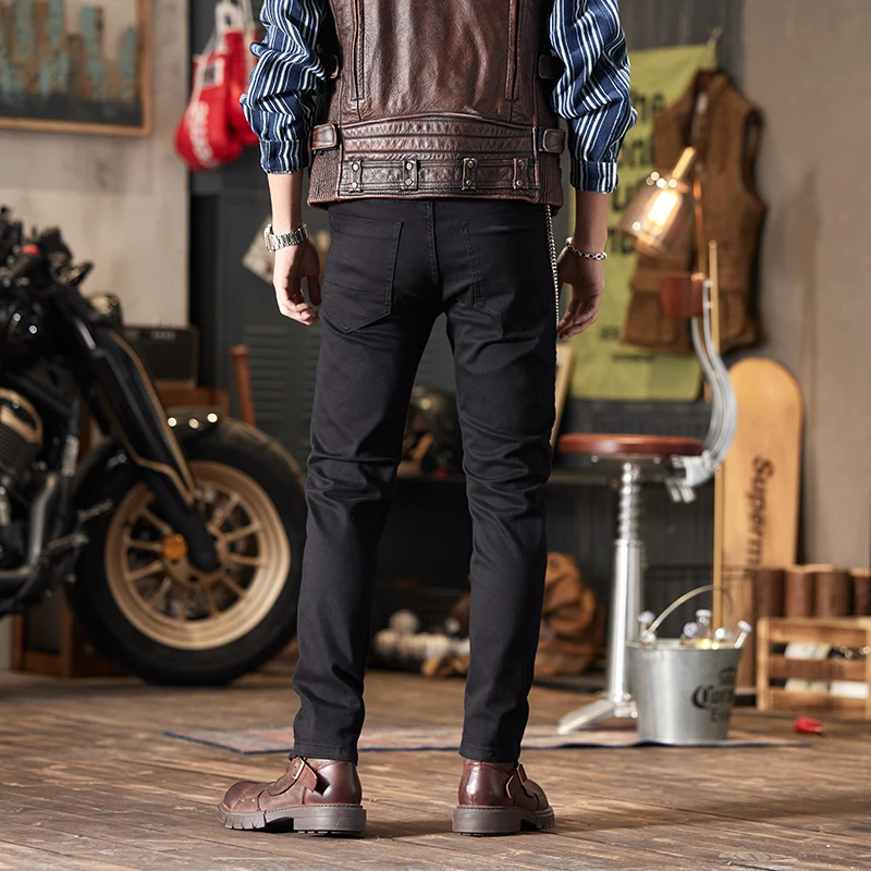 Motorcycle Jeans Men\'s Tight Stretch Casual Street Zipper Design Fashionable High-End Slim Fit Skinny Black Trousers