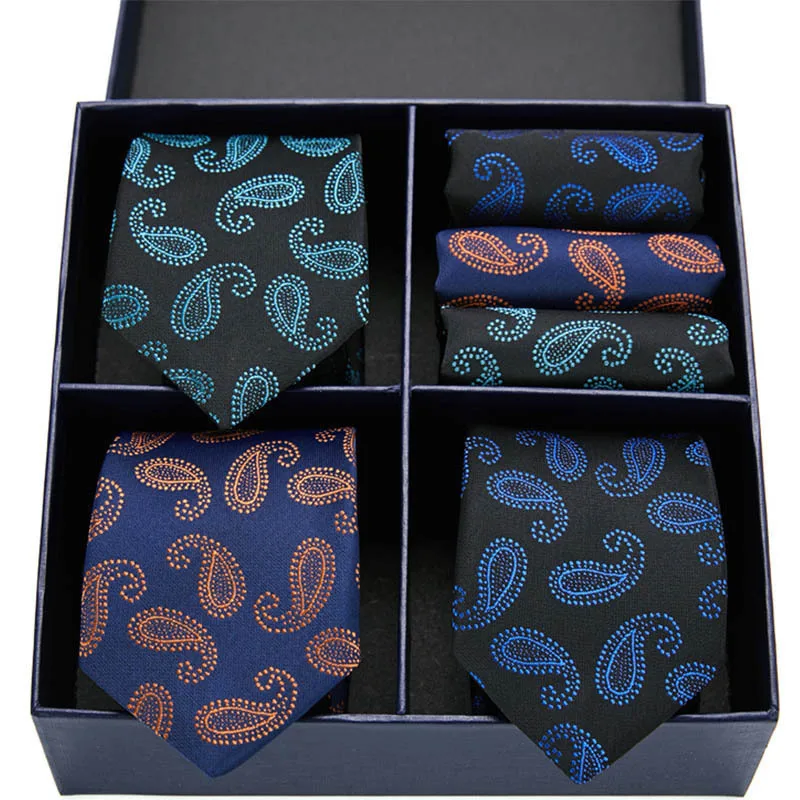 New Tie Pocket Squares Handkerchief Set 3pcs Necktie +4pcs Handkerchief Wedding Gift Necktie Box Solid Silk Men's Necktie NZ260