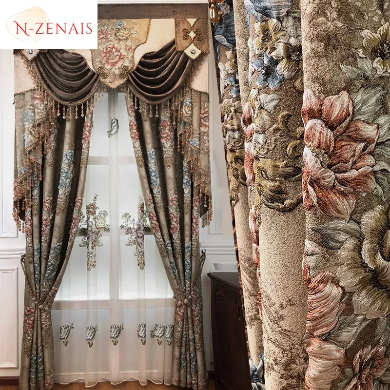 European Embroidery Brown Luxury Curtains for Living Room Bedroom Dining Blackout Brown Valance Decor Window Custom Relief