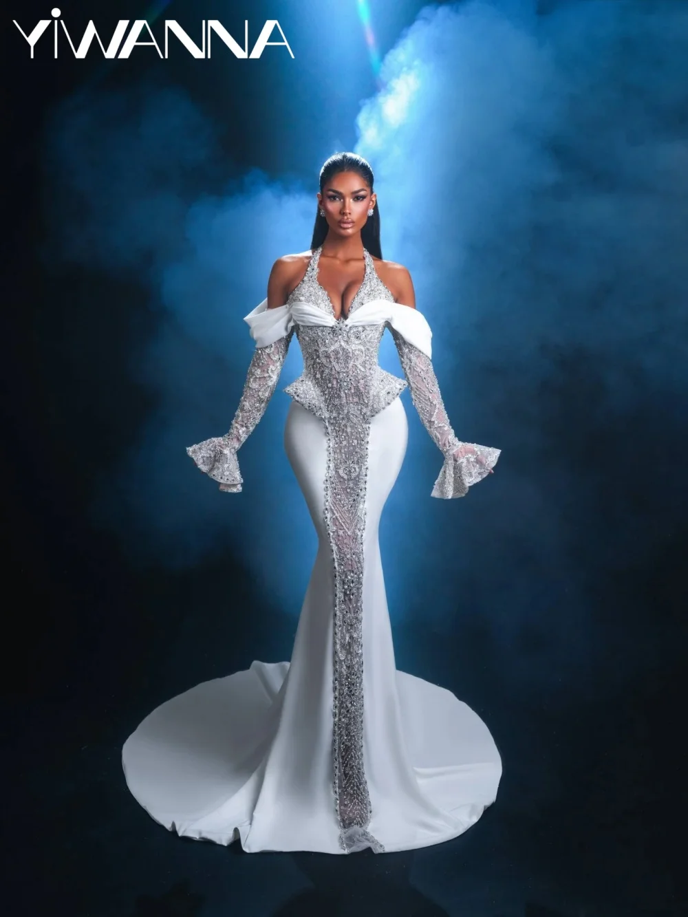 

Special Dreamy Crystal Wedding Dress Modern Halter Flare Sleeve Bridal Gown Customized Opulent Mermaid Long Dresses For Bride