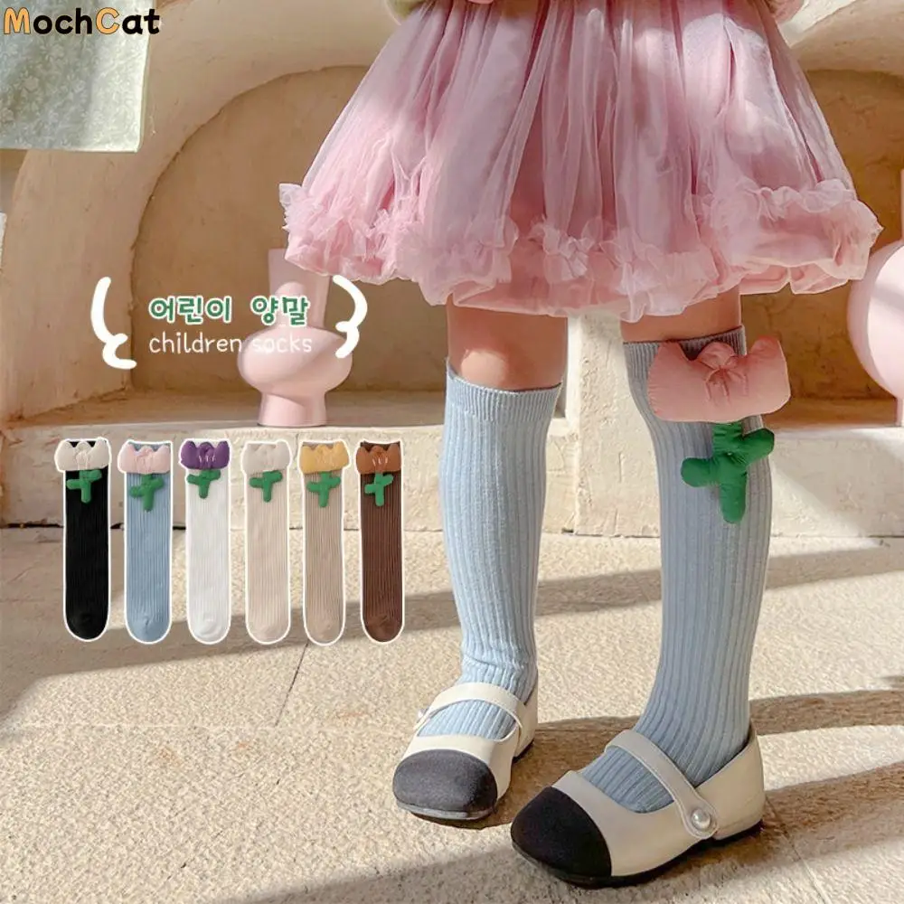 

Comfortable Breathable Flower Solid Color Preppy Style Tulip Korean Style Stocking Cotton Hosiery Pile Sock Girls Calf Socks