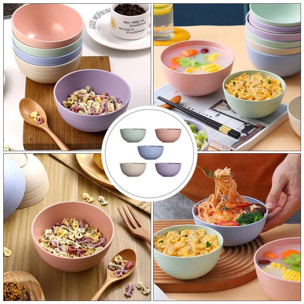 

5Pcs Wheat Straw Rice Bowls Food Grade Plastic Instant Noodle Soup Salad Bowls Multicolor Kitchen Tableware Containers