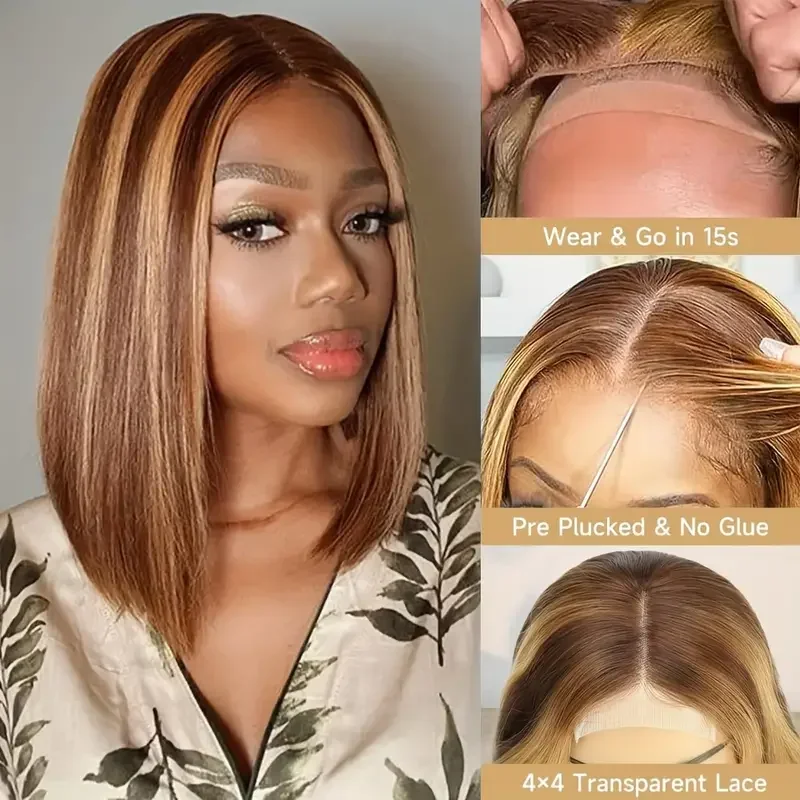 Perruque Bob Lace Front Wig naturelle Remy lisse ombrée, 13x4, 4/27 de densité, pre-plucked, avec reflets, transparente, 100%