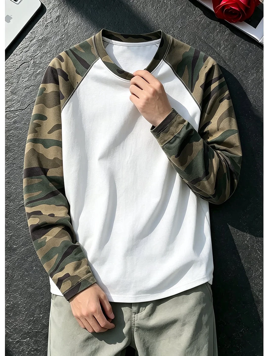 American Style Casual Camouflage Patchwork Small Collar Sweatshirt Men's Loose round Neck Long Sleeve Commuting Color Block I...