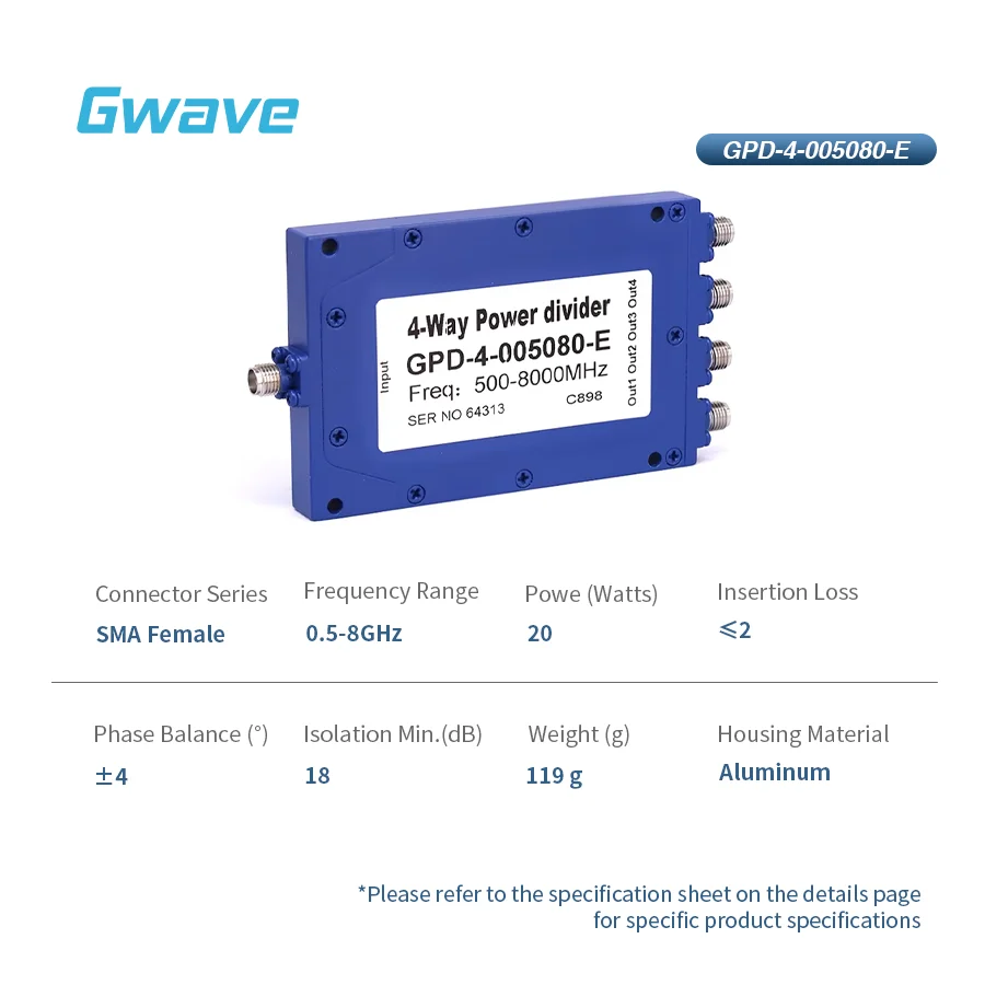 4-Way For SMA Power Divider For Telecom Parts 0.5 GHz To 8 GHz 20 Watt Rated From