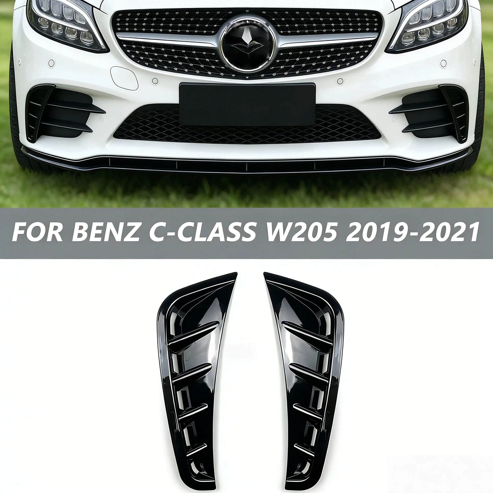 

For Mercedes W205 Black Front Bumper Frame Black Canards Side Air Intake Cover 2019-2021
