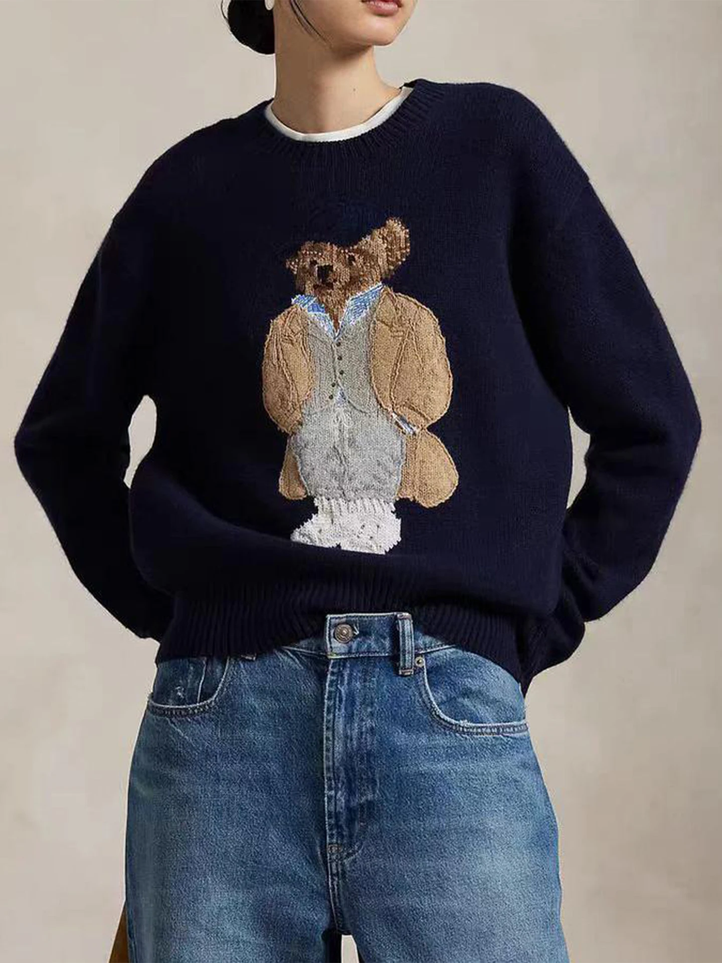 

Brume Bear Pattern Camere Long Sve round Ne Knitted Sweater Casual Loose Fit Blue Vintage Sle Comfortable Autumn Win...