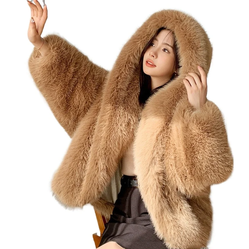 ZXRYXGS 2025 New Fashion Premium Imitation Fur Cloak Hoodie Women's Jackets Raglan Sleeve Autumn Winter Shawl Trendy Coat