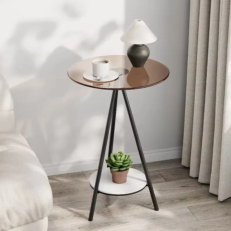 Double Layer Glass Wrought Iron Modern Side Table Simple Living Room Sofa Bedside Storage Coffee Table