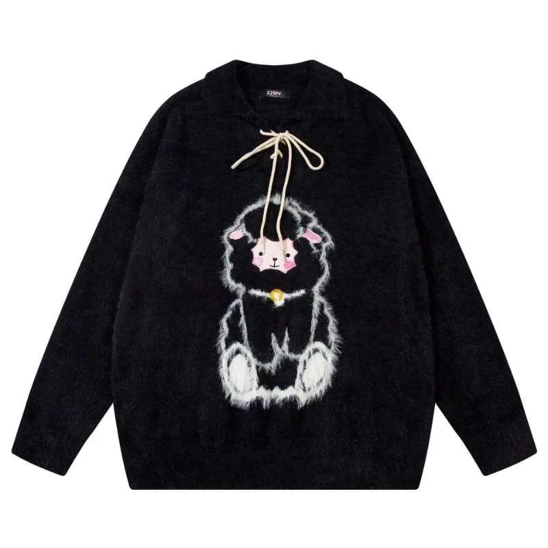 Men Sweater Japanese Harajuku Mink Hair Women Cartoon Sheep Embroidery Loose Pullver Unisex Winter Y2K Knitted Jumper Streetwear