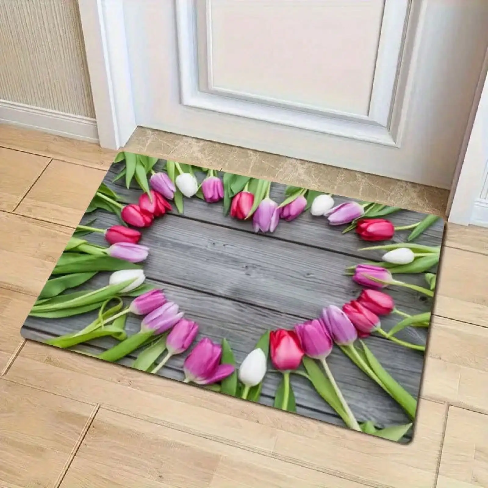 1pc Of A Floral Tulip Patterned Welcome Mat, Designed For Spring, Made Of Flannel Material. It Is Non-Slip, Soft, Comfortable, And Easy To Clean, Making It