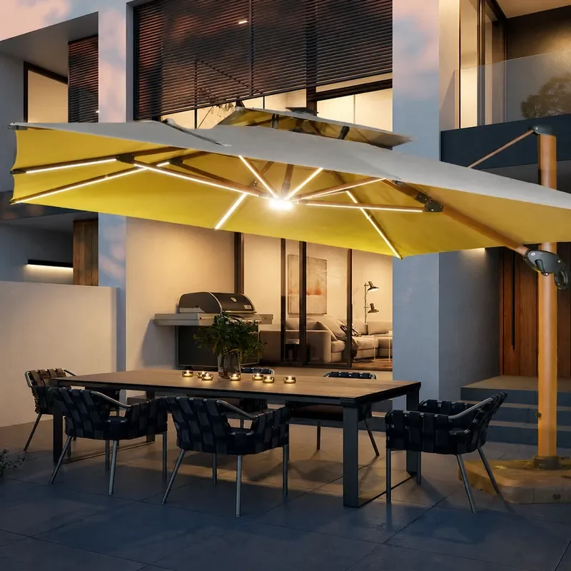 Solar LED Light Parasol Outdoor Garden Umbrella Large Patio Shade Canopy for Villa Terrace UV Protection