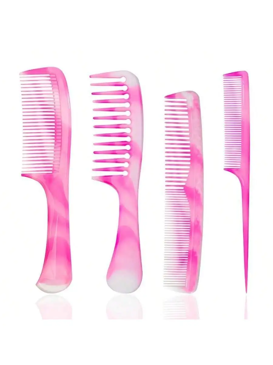 

4-Piece Pink Hair Comb Set: Wide Tooth, Fine Tooth, Dual Comb And Rat Tail For Adults