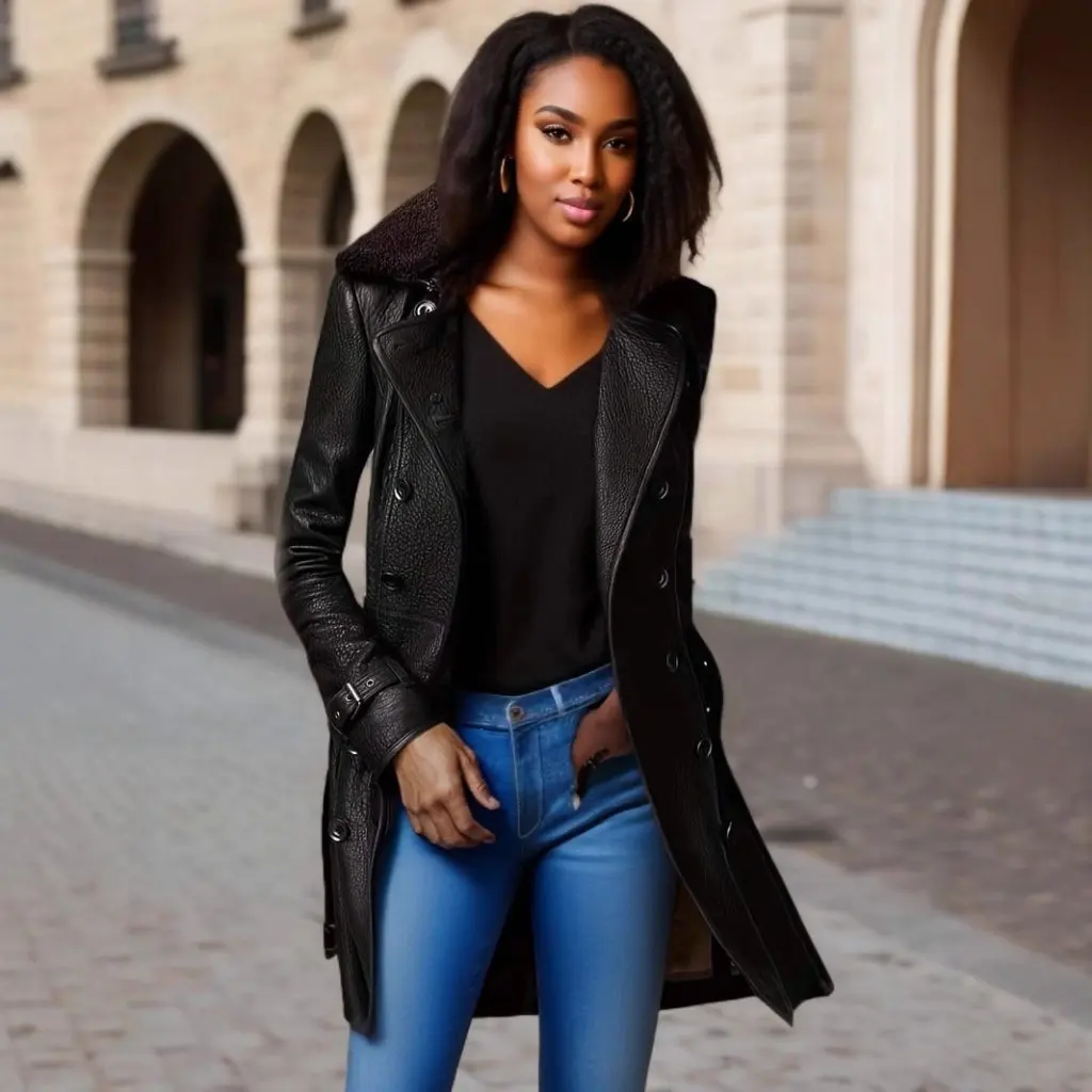 Feminino estilo britânico gola de pele espessada jaqueta de couro de comprimento médio casaco estilo motocicleta moda