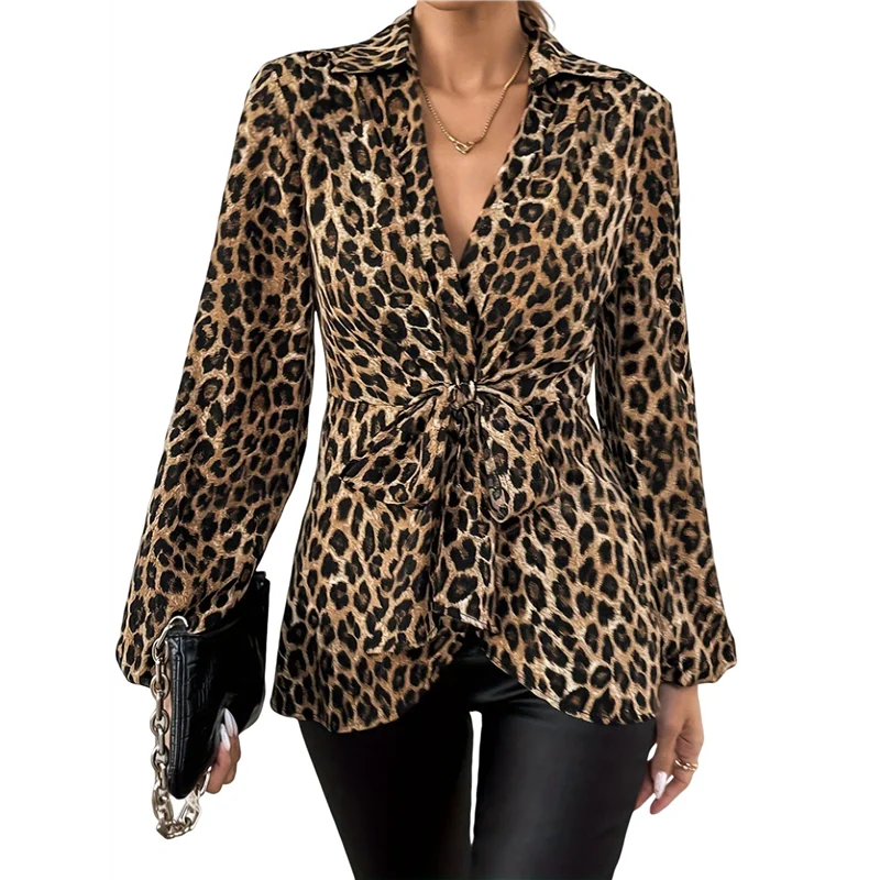 

ASDS-Женская блузка с леопардовым принтом, модная блузка с длинным рукавом и v-образным вырезом, воротник с лацканами спереди, рубашка