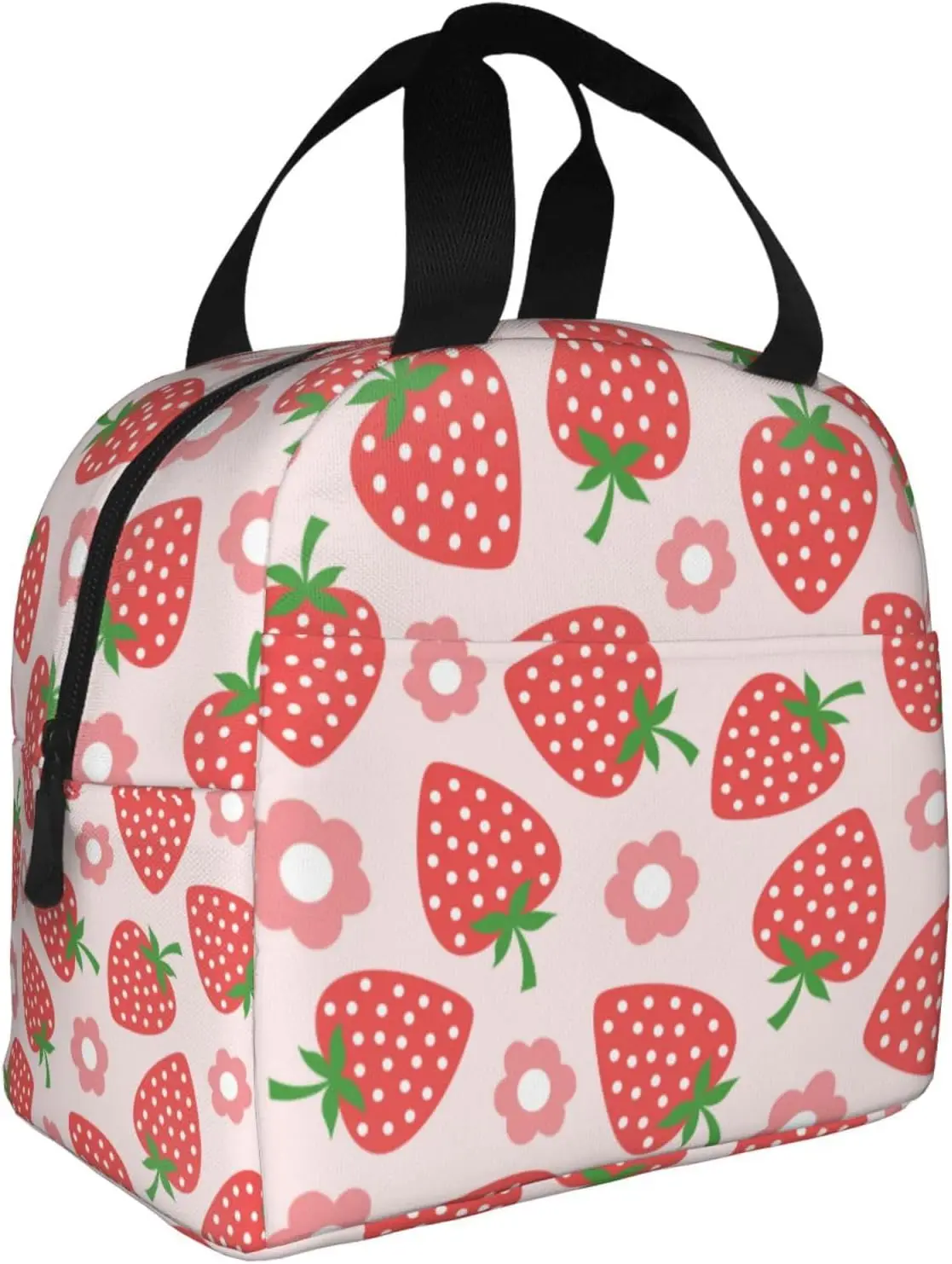 Pink Strawberry Cute Flower Insulated Lunch Bag For Men Women Reusable Lunch Box Container Waterproof Portable Cooler Thermal