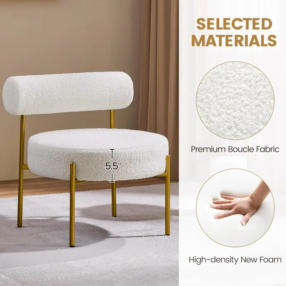 مجموعة كراسي الغرور الحديثة مكونة من كرسيين من القماش Boucle بأرجل معدنية ذهبية لتزيين غرفة المعيشة وغرفة الماكياج