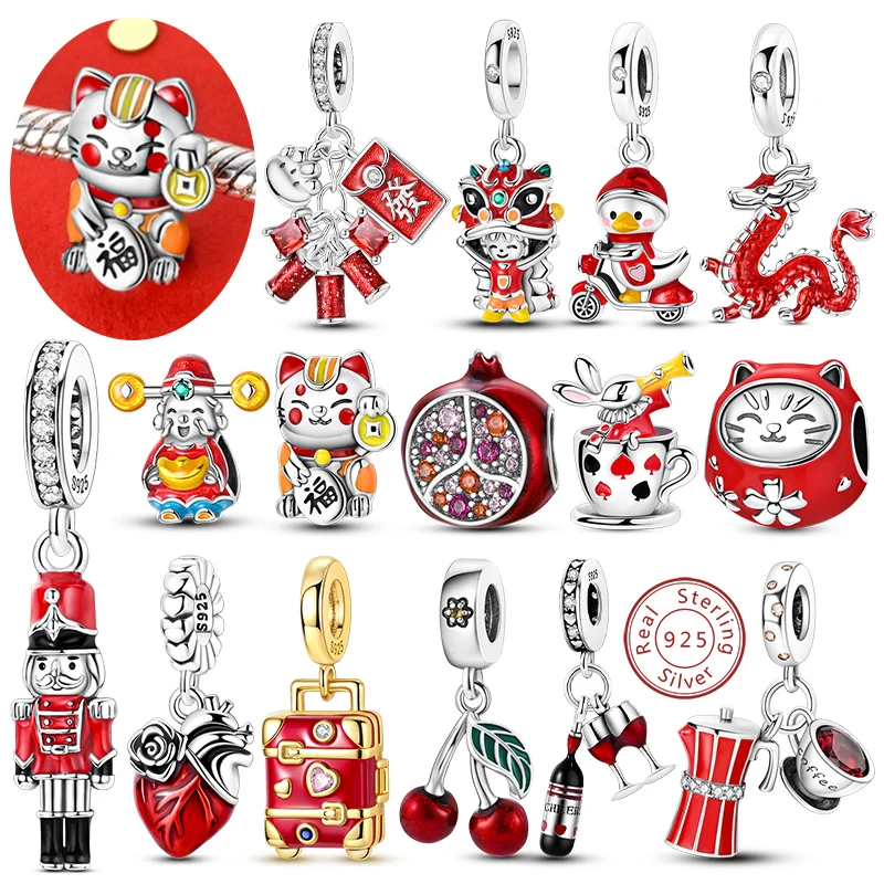 Pingente de Prata Esterlina 925 Série Vermelha: Gato, Dragão e Cereja - Charm para Pulseira e Colar Feminino, Joia DIY, Presente