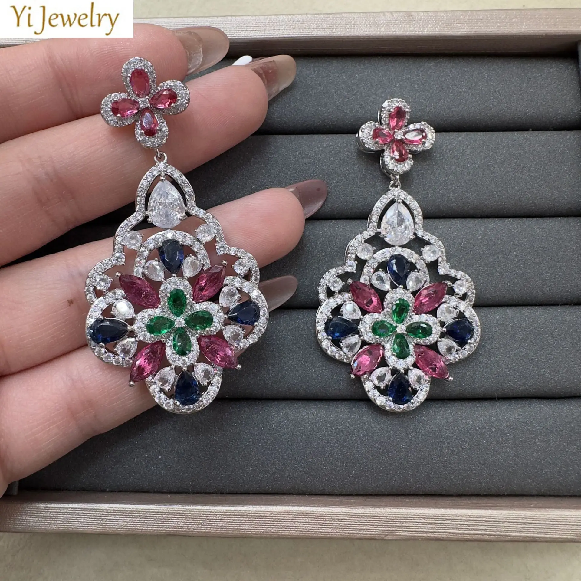 

multicolor zirconia flower earrings for women shiny jewelry dinner party wedding floral plant dangling earrings female gift
