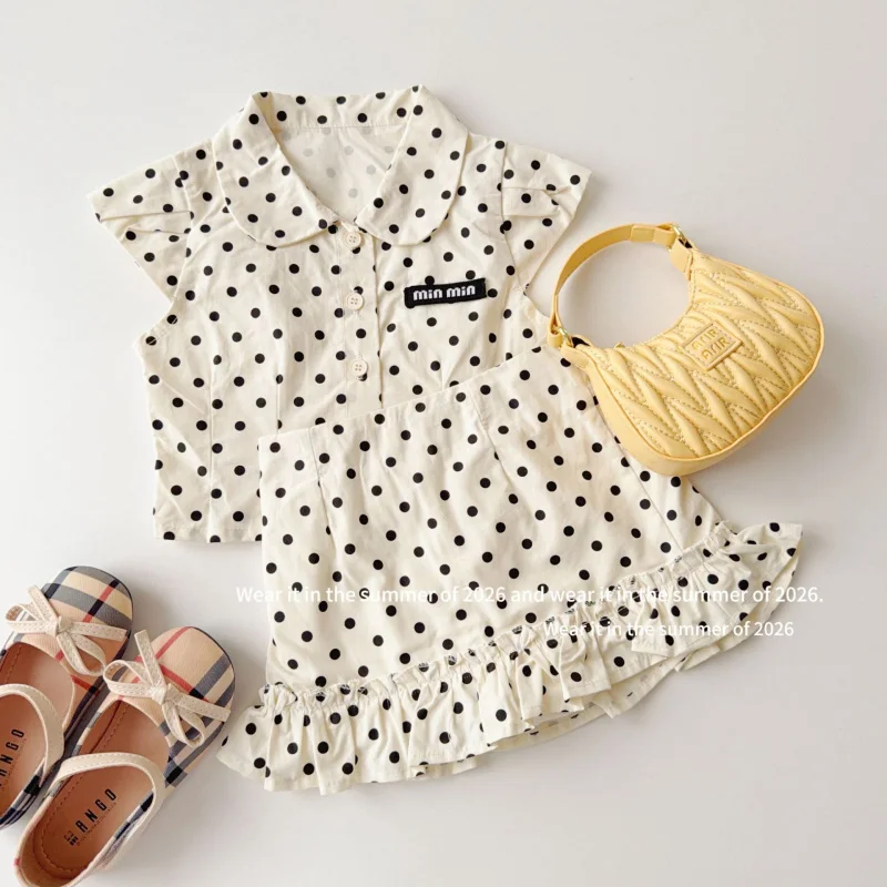 

2026Girls' New Summer Two-Piece Set Stylish sleeveless polka dot ruffle dress