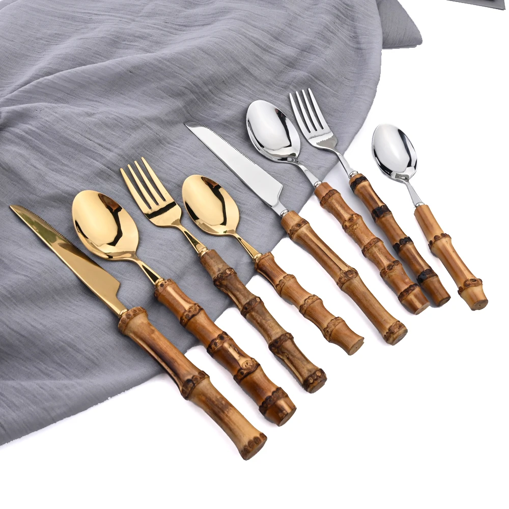 

Zoseil 16/24Pcs Cutlery Set Stainless Steel Cutlery with Bamboo Handle Kitchen Dinner Knife Fork Spoon Mirror Dinnerware