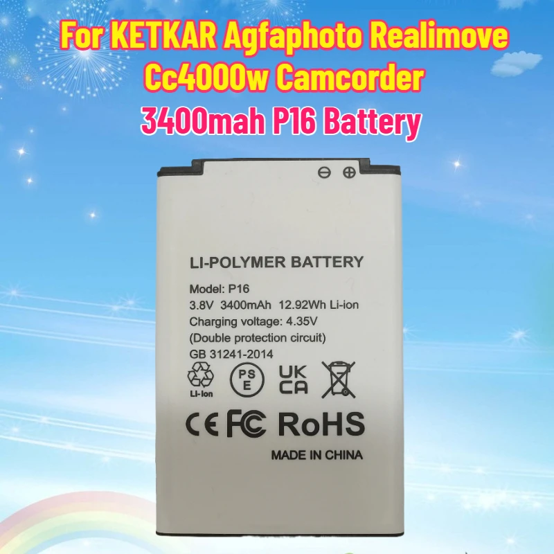 

New 3400mah P16 Battery for KETKAR Agfaphoto Realimove Cc4000w Camcorder Battery