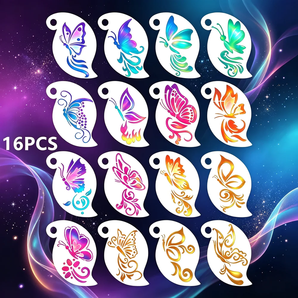 16Pcs Face Painting Stencil Mask Set DIY Kids Graffiti Hand Painting Aids Tattoo Stencils Stage Party Holiday Makeup Templates