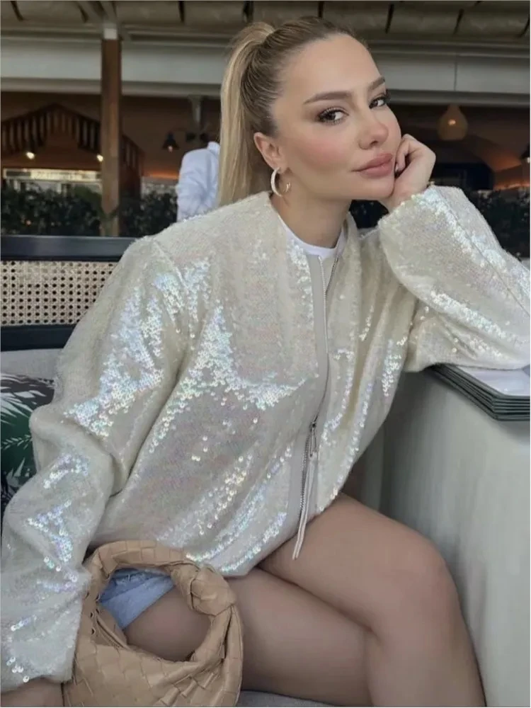 

Women Fashion Front Zipper Jacket Sequin Glitter Bomber Coat Female Casual O-Neck Long Sleeves With Pockets Loose Chic Outfits