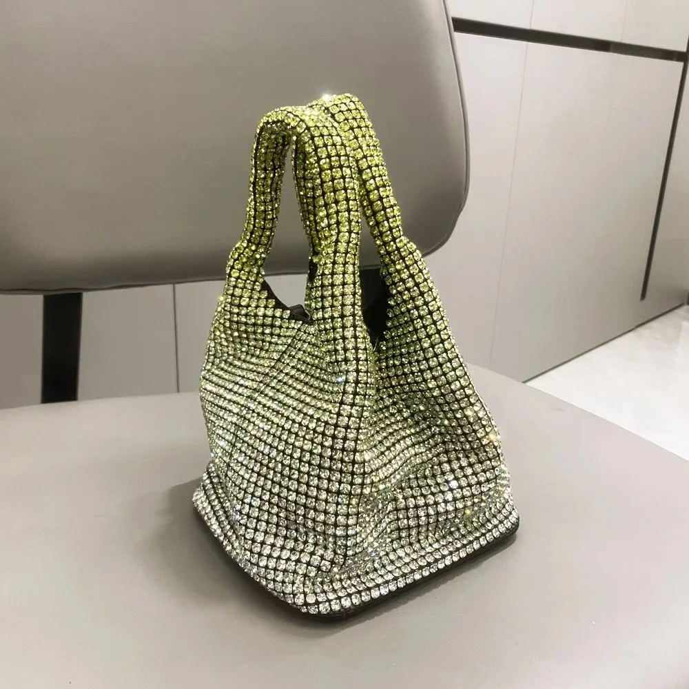 Gradient Color Full Diamond Bucket Bag for Women 2023 New Diamond Bucket Bag Rhinestone Chain Bag Hand-held Crossbody Bag