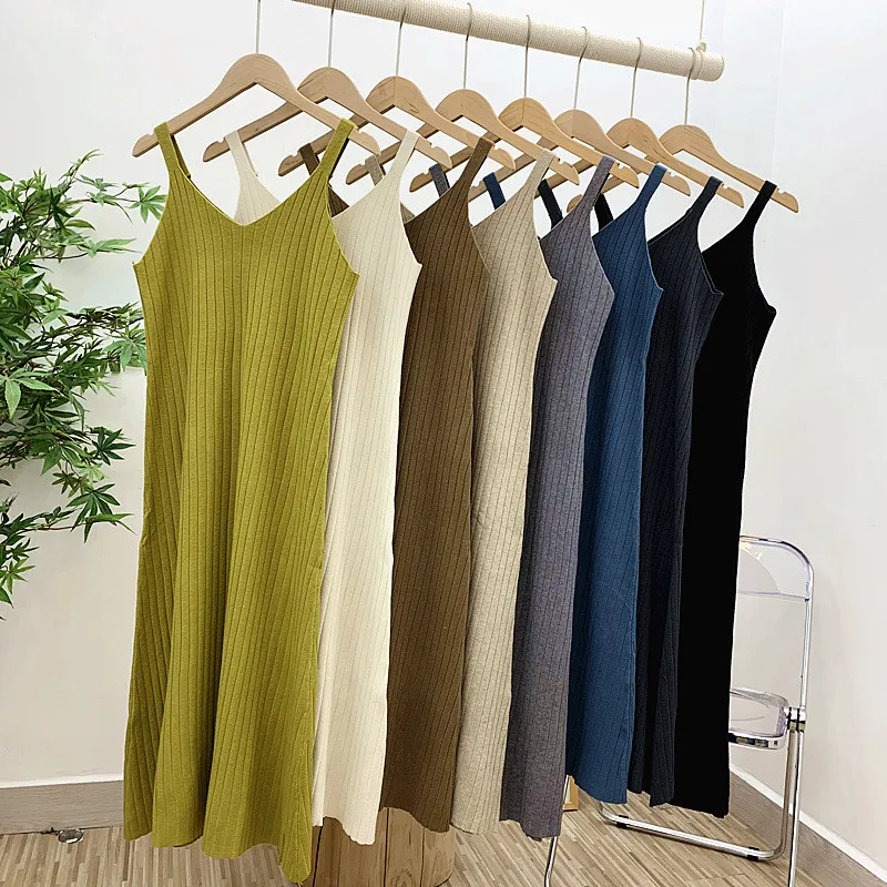 

Women Sleeveless Sweater Spaghetti Strap Dress Summer Sexy V-Neck Split Knitted Dress Lady Large Hem A Line Long Dress Vestidos