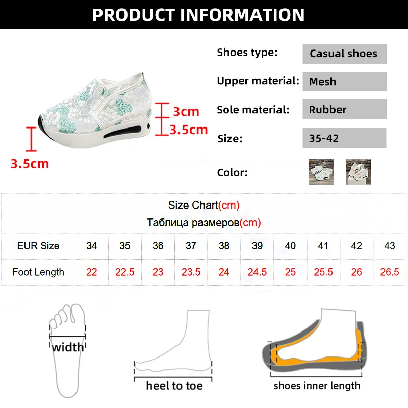 Embroidery Thick Platform Loafers Shoes for Women 2024 Summer Breathable Mesh Sneakers Woman Slip On Casual Shoes Plus Size 42