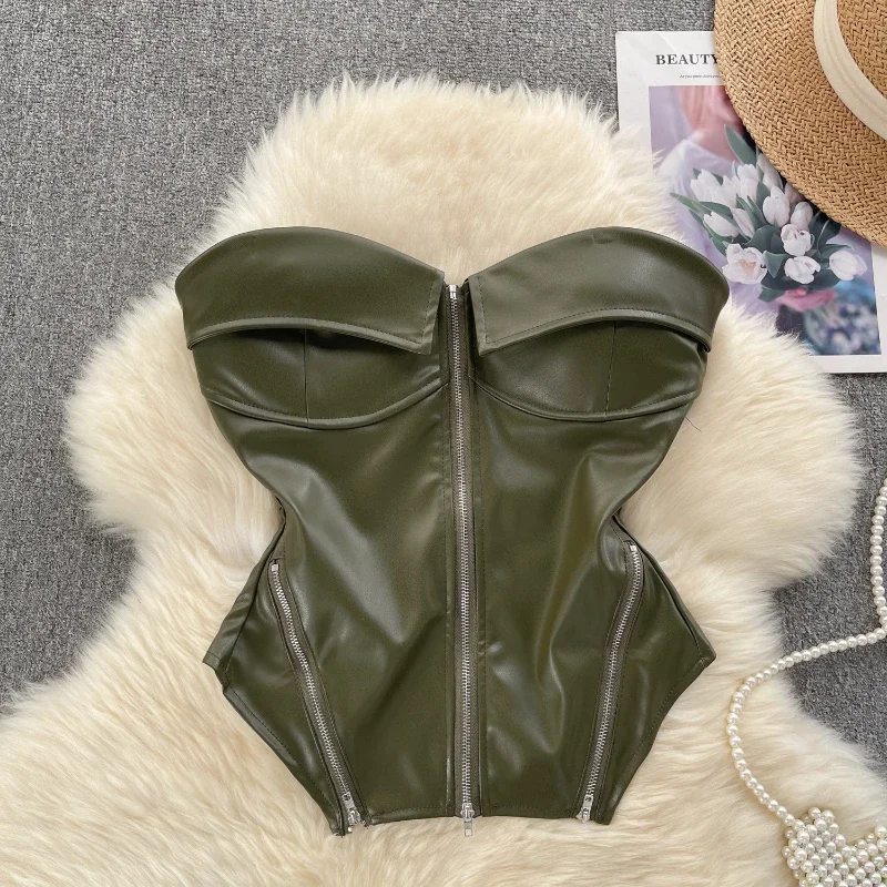 Retro Motorcycle Style Women's Strapless Vest with Zipper Short Leather Jacket Spicy Girl Outfit Multiple Colors Beautiful Top