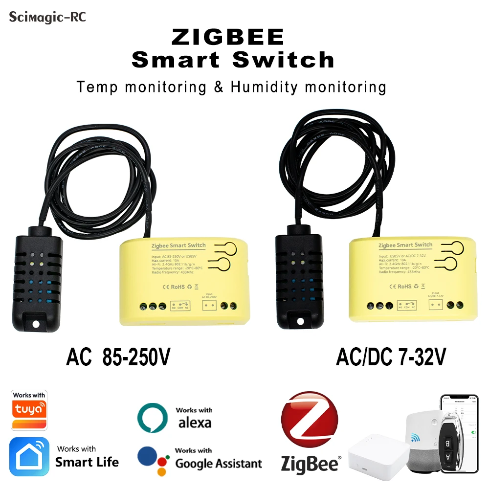 Zigbee Smart Switch Module Temperature and Humidity Sensor Kit 1CH Relay AC/DC7-32V AC85-250V With Alexa Google Home