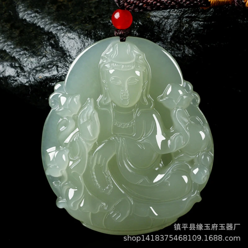 Hetian Green-White Guanyin Men, Bodhisattva Amulet, Jade Pendant