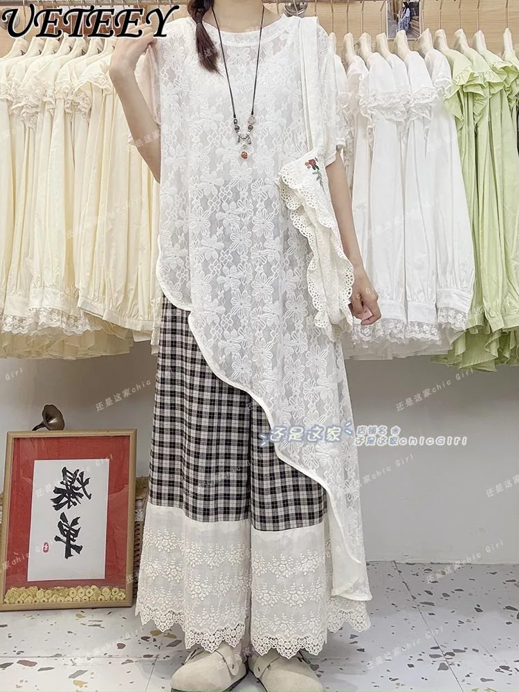 2025 sommer Neue Japanische Mori Unregelmäßigen Saum Spitze Hemd Gestapelt Kurzen ärmeln T-shirts Top Lose Beiläufige Medium Lange T-shirt kleid