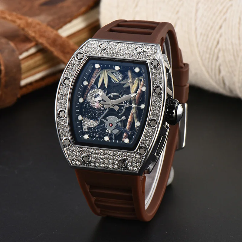 New Richard Rose Gold Diamond Panda Eating Bamboo Luxury Noble European luminous Waterproof Calendar Quartz Watch Wholesale