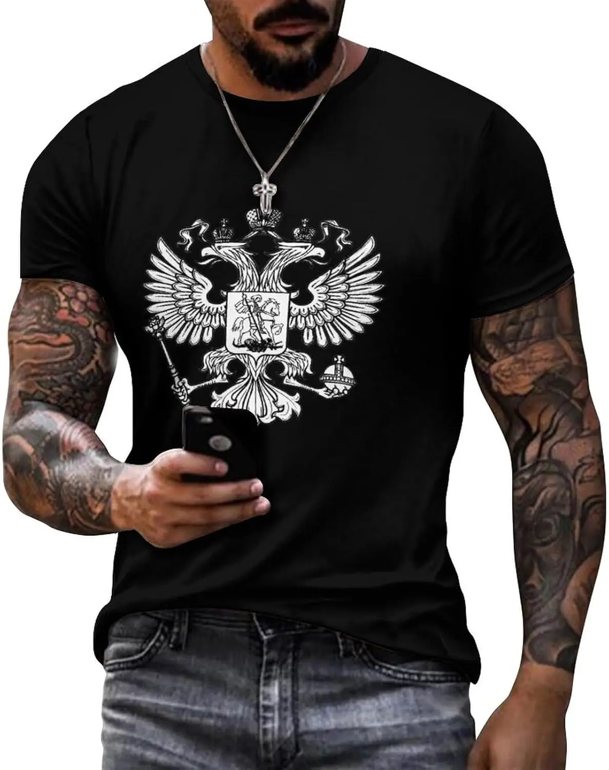 Russia Flag Russian Emblem Men's Cotton Crewneck T-Shirts, Casual Shirts