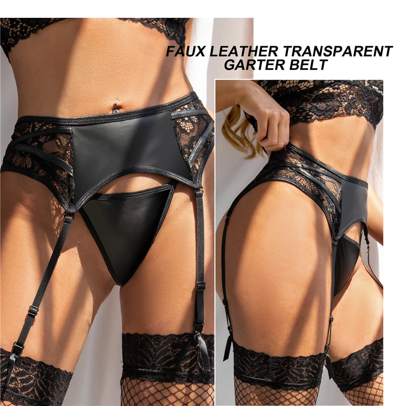 Comeondear Pakaian Dalam Wanita Lingerie Renda Kulit Imitasi Sabuk Garter Ukuran Plus dengan 4 Tali dan G-String untuk Stoking