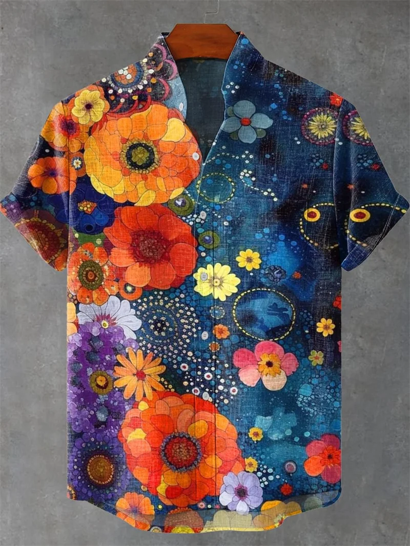 

Men's comfortable linen short sleeve shirt high quality clothing art flower printing cartoon octopus pattern new series