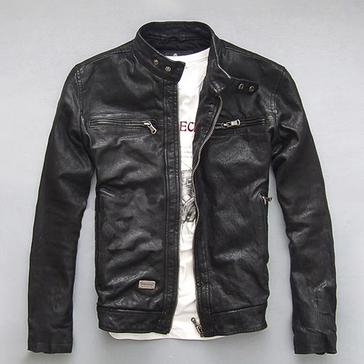 

Premium Leather Jacket Top 100% Lamb Skin Clothing Men's Stand Collar Motorcycle Wear Autumn Winter