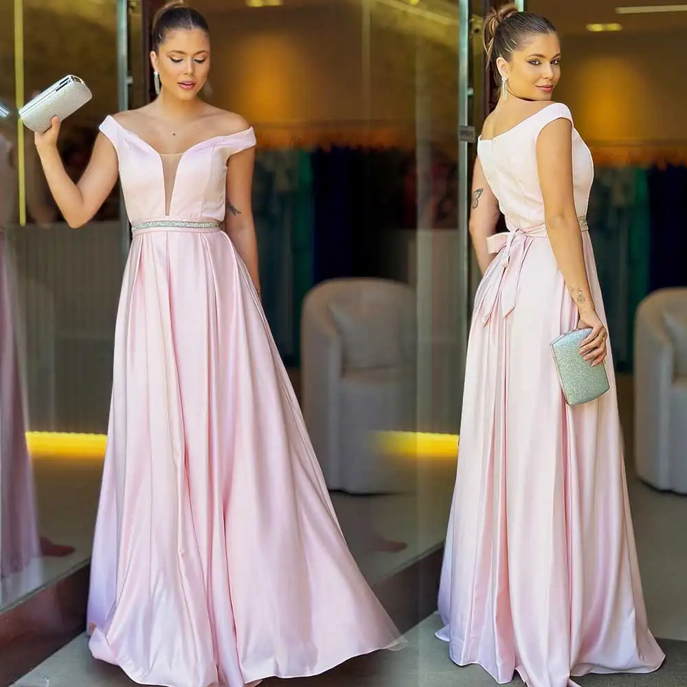 

Customized V-Neck Long Evening Dress Pink Off Shoulder A-Line Pleated Beading Belt Sashes Vintage Wedding Party Classic Prom Go